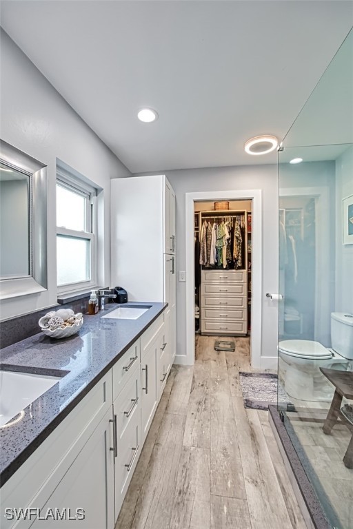 bathroom with a shower with door, vanity, wood-type flooring, and toilet