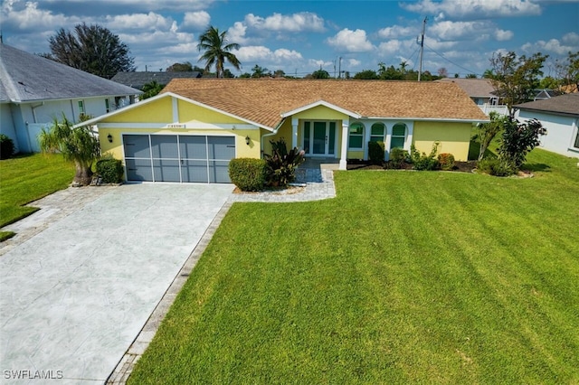 ranch-style house with a front lawn and a garage