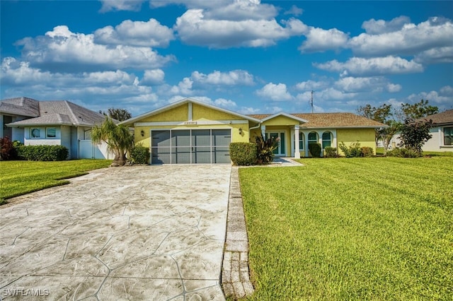 ranch-style home with a front yard and a garage