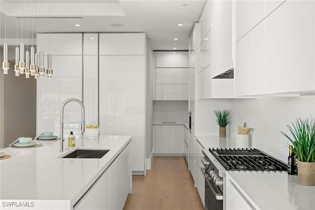 kitchen with white cabinets, sink, stainless steel stove, light wood-type flooring, and range hood