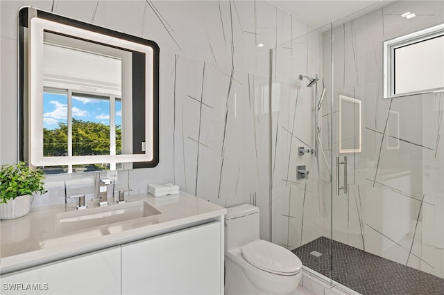 bathroom with vanity, an enclosed shower, and toilet