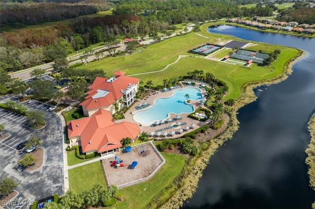 birds eye view of property featuring a water view