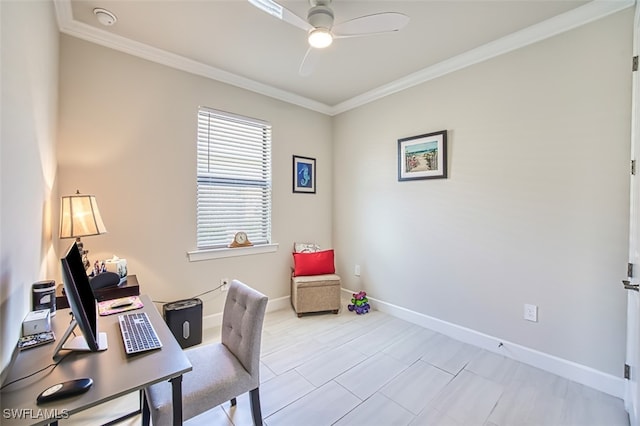 home office featuring crown molding and ceiling fan