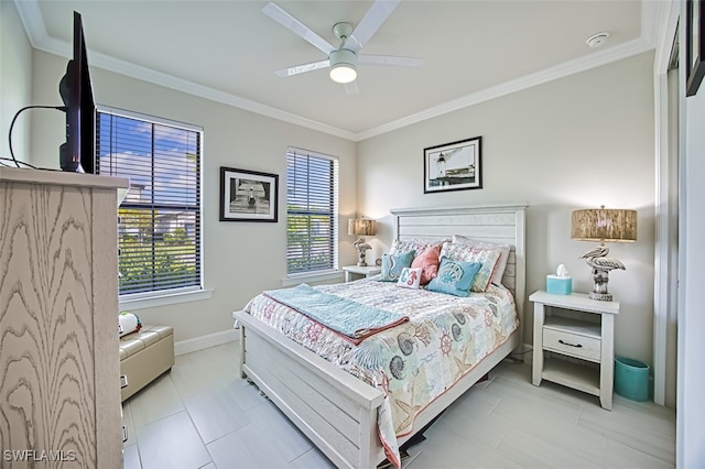 bedroom with ornamental molding, light tile patterned flooring, and ceiling fan