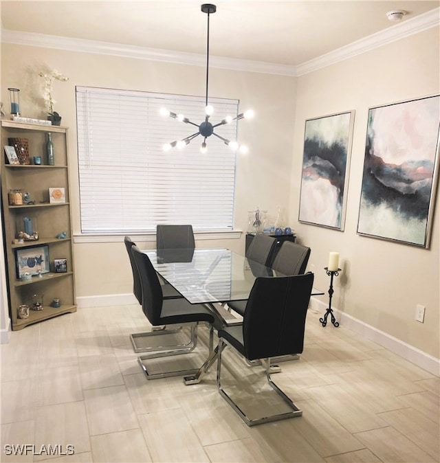 dining space featuring crown molding and a notable chandelier