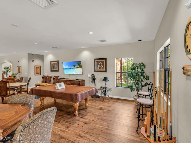 rec room with light hardwood / wood-style flooring and pool table