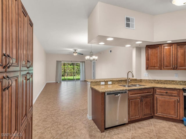 kitchen featuring dishwasher, kitchen peninsula, sink, light tile patterned flooring, and light stone counters