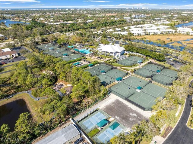 drone / aerial view with a water view