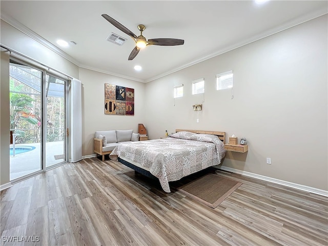 bedroom featuring access to outside, ceiling fan, hardwood / wood-style floors, and ornamental molding