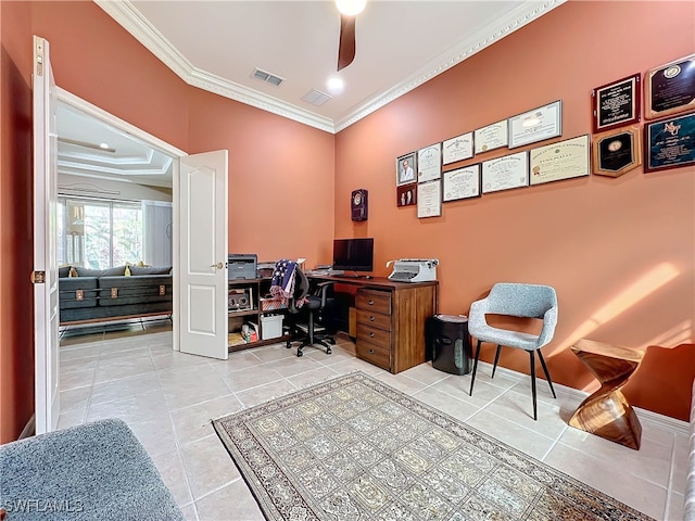 office featuring light tile patterned floors, visible vents, ornamental molding, and ceiling fan