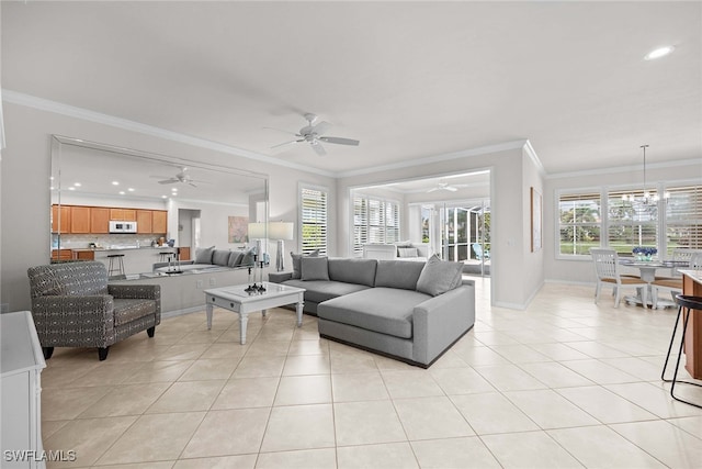 tiled living room with crown molding and ceiling fan