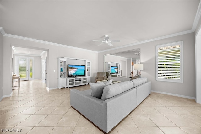 tiled living room featuring crown molding and ceiling fan