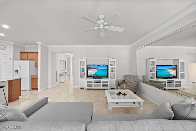 tiled living room with ceiling fan and crown molding