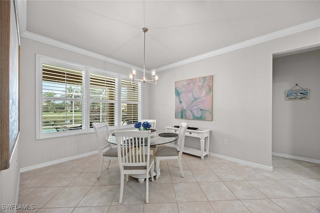 dining space with crown molding, a chandelier, and light tile patterned floors