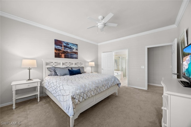 carpeted bedroom featuring ornamental molding, ensuite bathroom, and ceiling fan