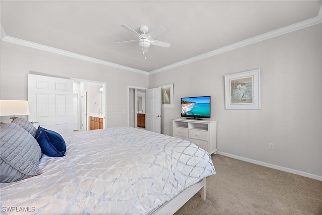 bedroom featuring connected bathroom, ornamental molding, light colored carpet, and ceiling fan