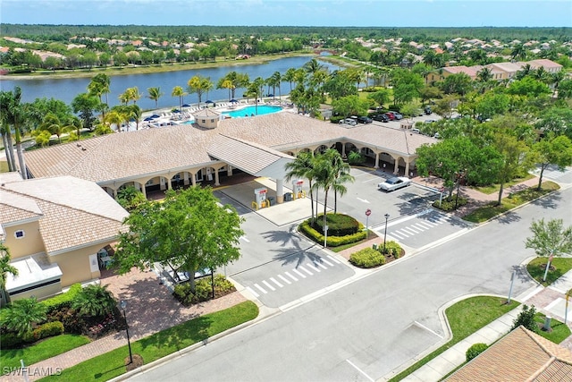 aerial view featuring a water view