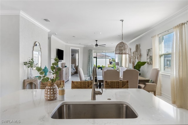 kitchen with crown molding, a healthy amount of sunlight, sink, and light stone countertops