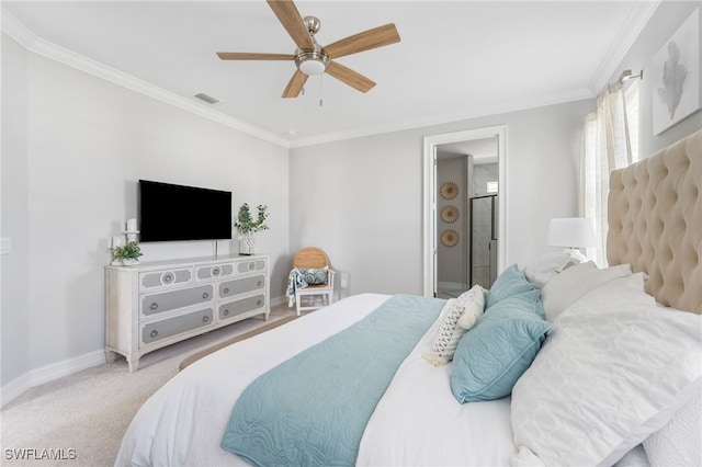 bedroom featuring ceiling fan, crown molding, and light colored carpet