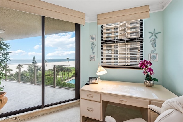 office area featuring crown molding, a water view, and a wealth of natural light