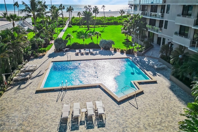 view of pool featuring a patio, a water view, and a lawn