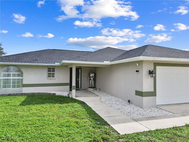 ranch-style home with a front yard and a garage