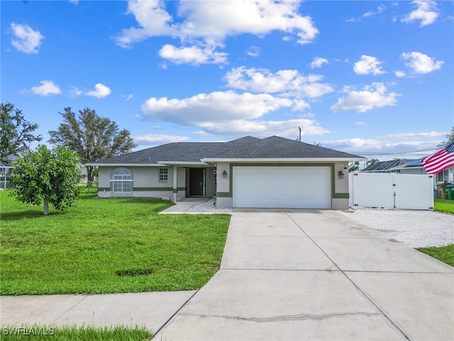 single story home featuring a front lawn and a garage