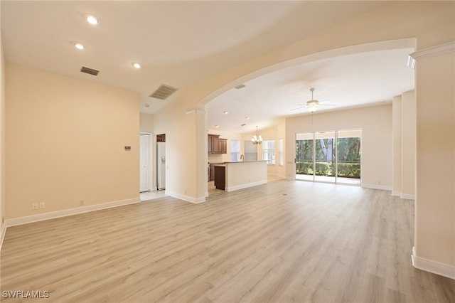 unfurnished living room with light hardwood / wood-style floors and ceiling fan with notable chandelier