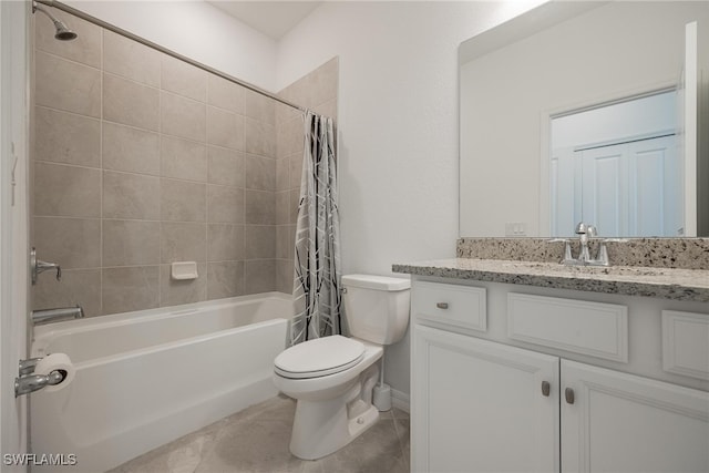 full bathroom with vanity, shower / tub combo with curtain, toilet, and tile patterned flooring