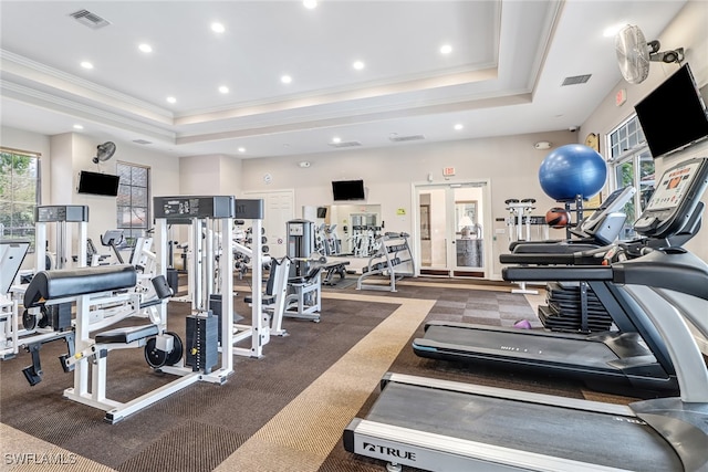 exercise room featuring french doors, ornamental molding, and a tray ceiling