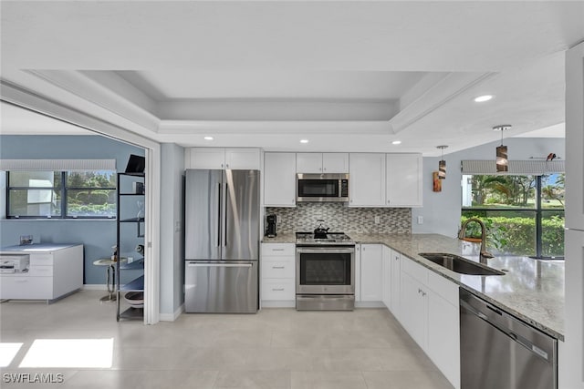 kitchen with a tray ceiling, decorative light fixtures, appliances with stainless steel finishes, white cabinets, and a sink