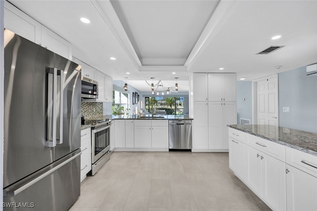 kitchen with a peninsula, light stone countertops, a tray ceiling, stainless steel appliances, and white cabinetry