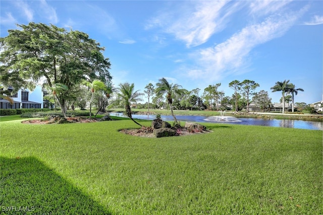 view of home's community featuring a water view and a lawn