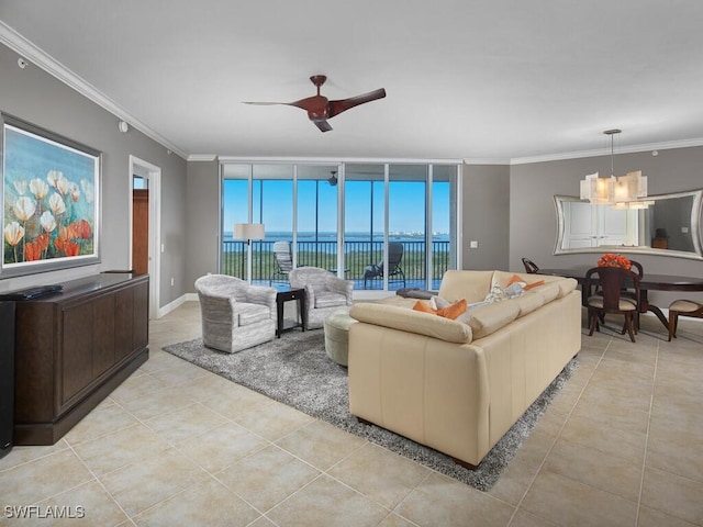 living room with light tile patterned flooring, ceiling fan with notable chandelier, floor to ceiling windows, a water view, and crown molding