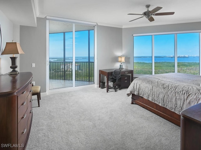 bedroom with a water view, ceiling fan, ornamental molding, and multiple windows