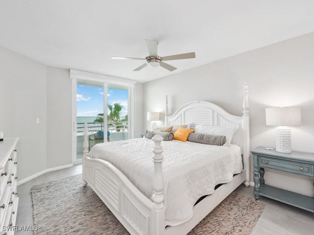 bedroom featuring access to exterior and ceiling fan