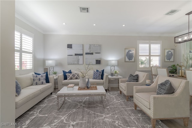 living room with crown molding