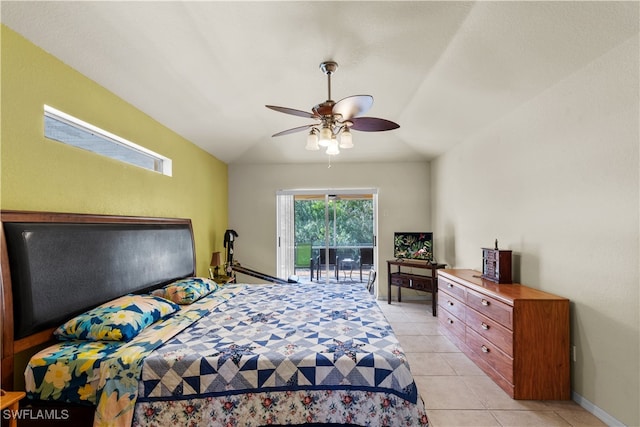 bedroom with ceiling fan and light tile patterned floors