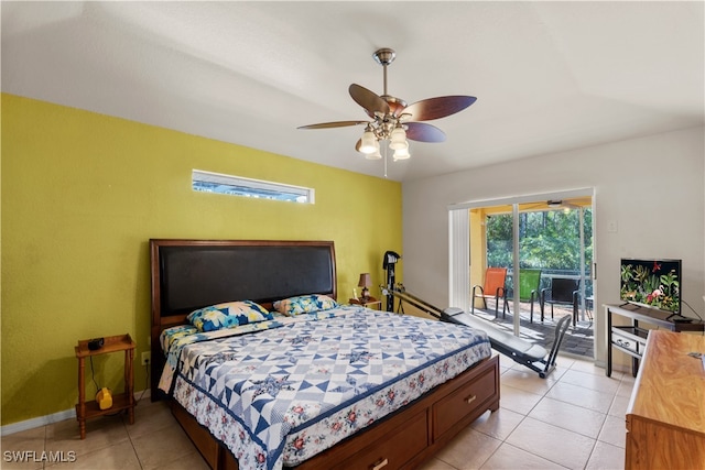 bedroom featuring ceiling fan, access to outside, and light tile patterned floors