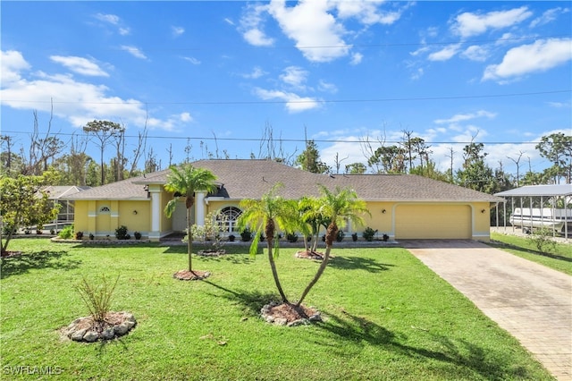 ranch-style home with a front lawn and a garage