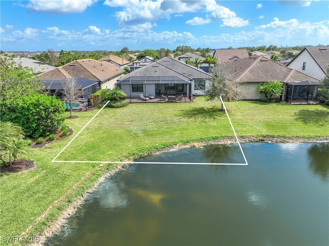 drone / aerial view featuring a water view