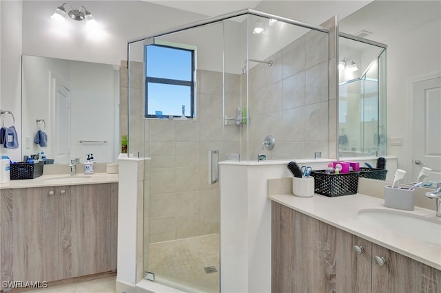 bathroom featuring vanity and an enclosed shower