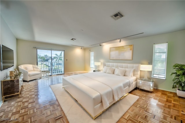 bedroom with multiple windows, access to exterior, light parquet flooring, and rail lighting