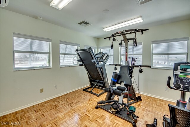 exercise area with light parquet floors and plenty of natural light