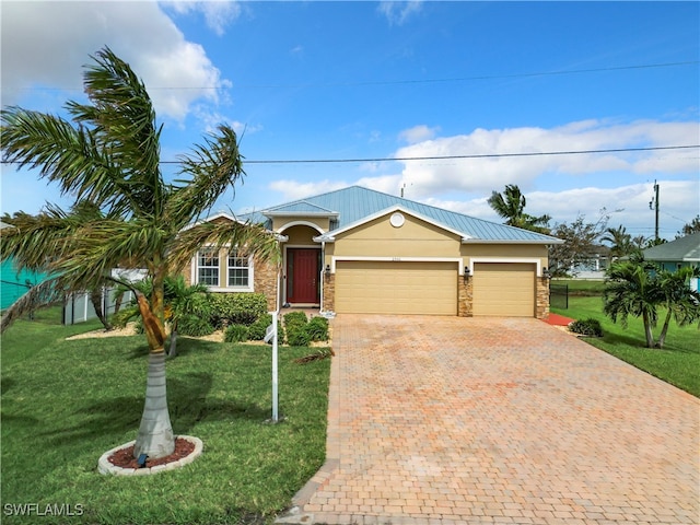 ranch-style house with a front yard and a garage