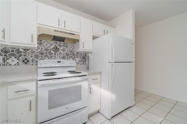 kitchen featuring backsplash, white cabinetry, light tile patterned flooring, and white appliances