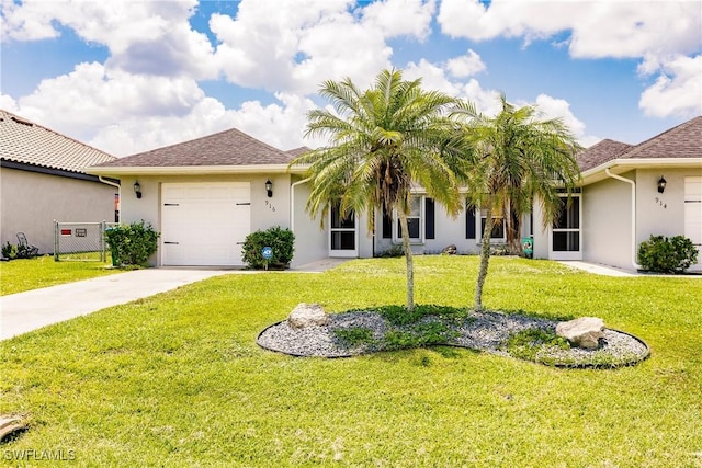 view of front of property with a front lawn and a garage