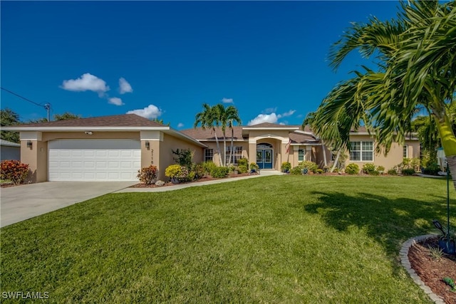 view of front of property featuring stucco siding, a garage, concrete driveway, and a front lawn