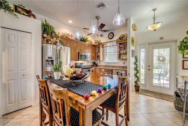 dining area featuring recessed lighting, light tile patterned flooring, ceiling fan, and visible vents