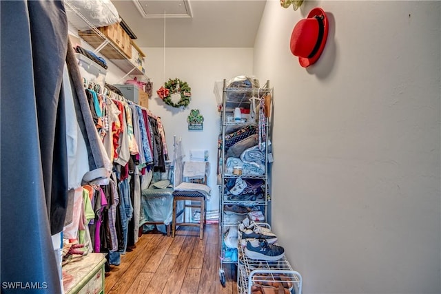 walk in closet with attic access and wood finished floors